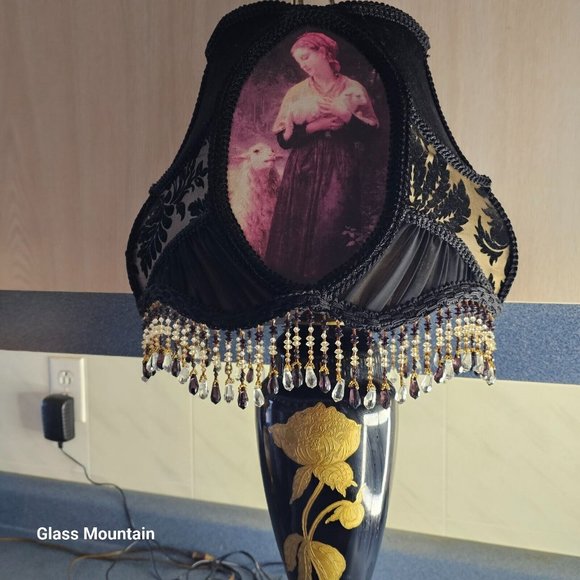 SOLD - Victorian Hand Sewn Woman & Lambs Floral Glass Beaded Fringe Lamp Shade - Picture 2 of 10